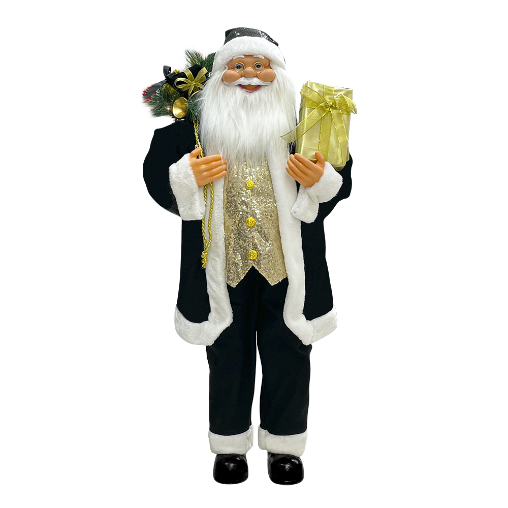 Père Noël noir et or 144267 robe en velours 110cm avec mini lumières et son