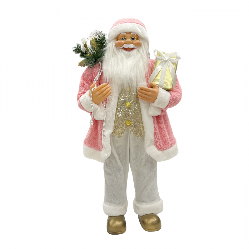 Père Noël 110H cm robe rose et blanche 144283 avec mini lumières et sons