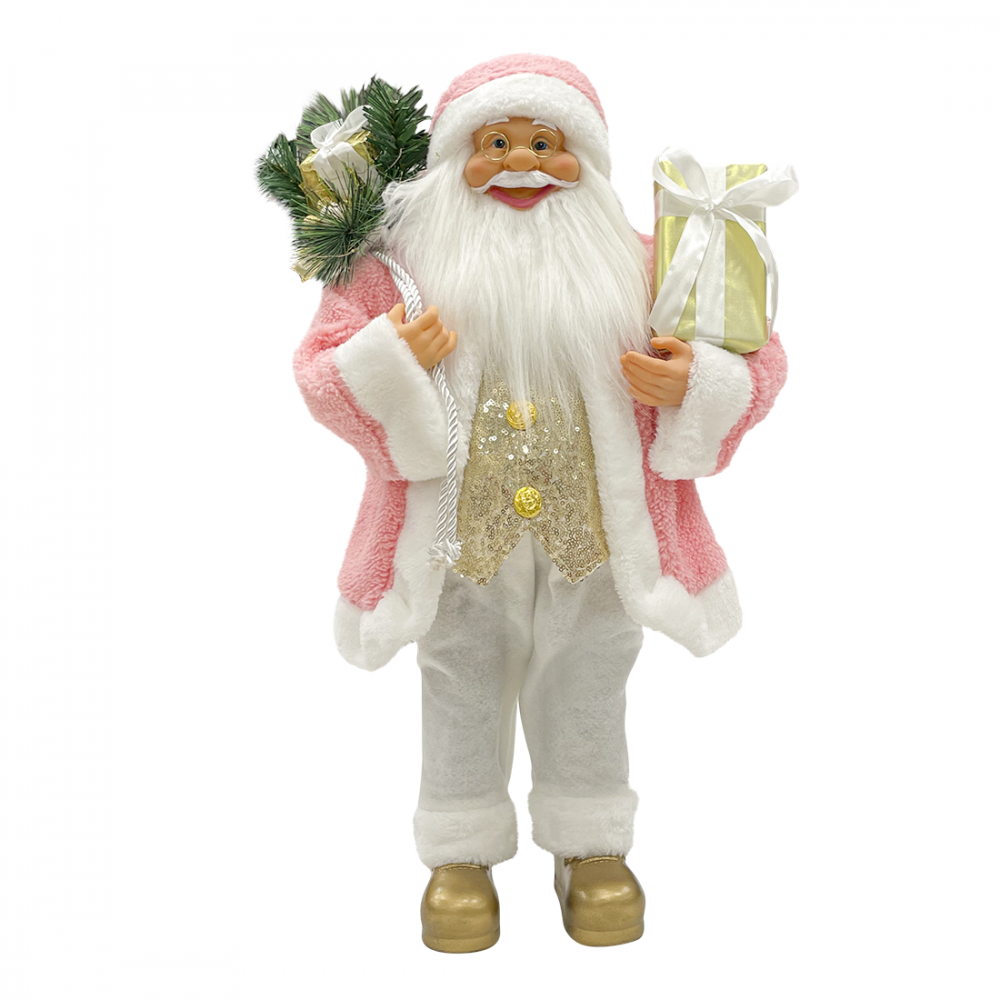 Père Noël 60H cm robe rose et blanche 144286 avec mini lumières et sons