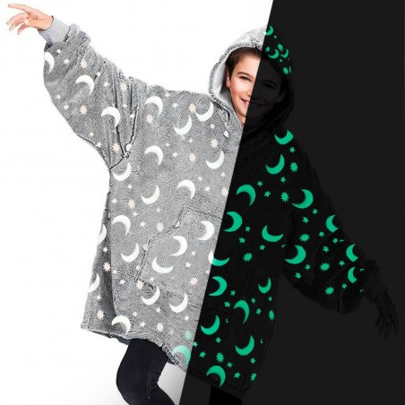 Cape polaire enfant avec capuche et manches Grise avec Etoile Lune Fluorescentes