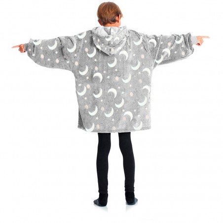 Cape polaire enfant avec capuche et manches Grise avec Etoile Lune Fluorescentes