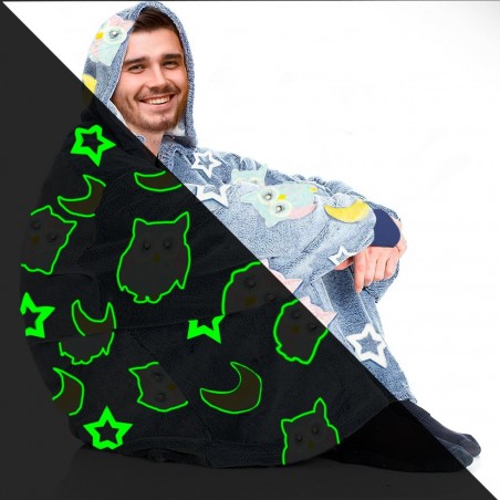 Cape polaire à manches oversize avec capuche et poche chouette fluo