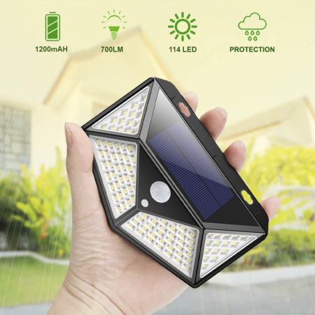 314027 Lampe à capteur mouvement à recharge solaire avec 114 LED 120°