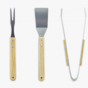 3 Ustensiles pour barbecue pince spatule et fourchette en bois inox