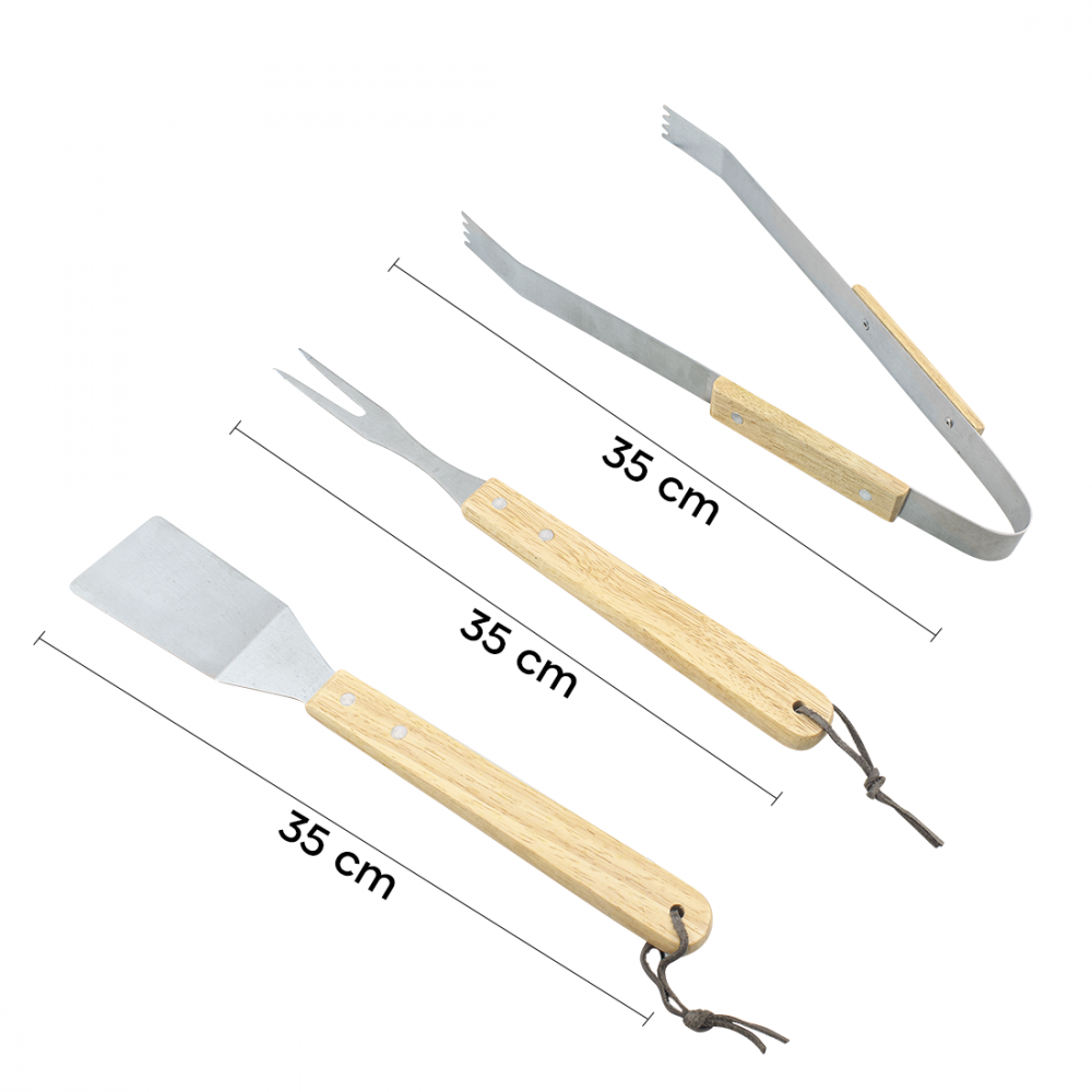 3 Ustensiles pour barbecue pince spatule et fourchette en bois inox