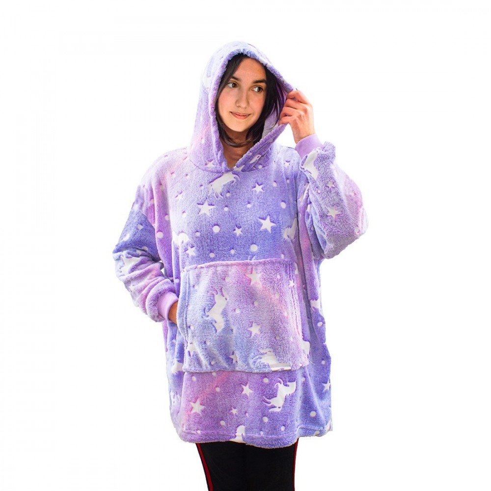 Cape polaire enfant avec capuche et manches licorne fluo violet