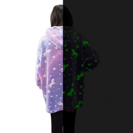 Cape polaire enfant avec capuche et manches licorne fluo violet