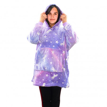 Cape polaire enfant avec capuche et manches licorne fluo violet