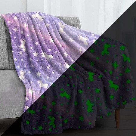 Doudou magique polaire lilas pour enfant Licornes Fluorescentes 170x120