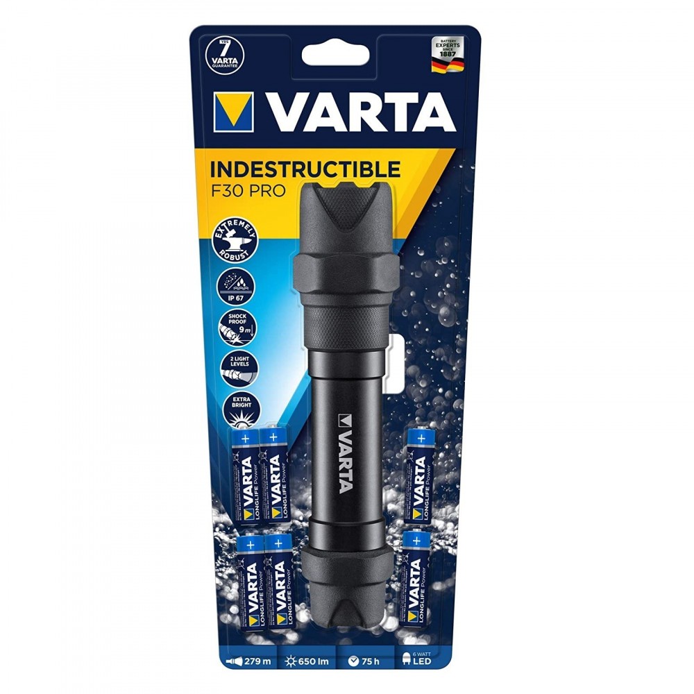 Lampe torche de poche VARTA LED indestructible F30 Pro avec 6 piles AA