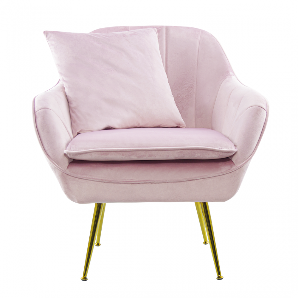 Fauteuil SATURNO avec assise velours rembourré et coussin avec structure dorée