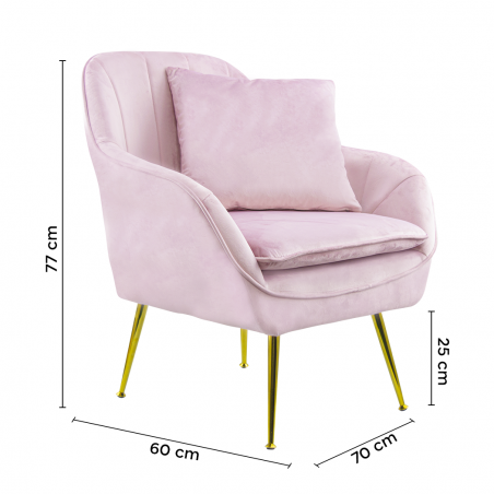 Fauteuil SATURNO avec assise velours rembourré et coussin avec structure dorée