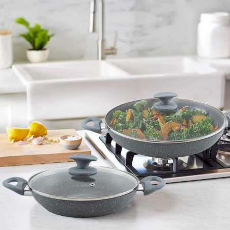 BAVARIA Ensemble 7 casseroles pierre antiadhésive GRIS 24-28-32cm couvercles