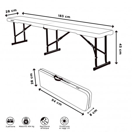 Banc pliable en plastique blanc pour camping ou bar pique-nique 183x28x43cm