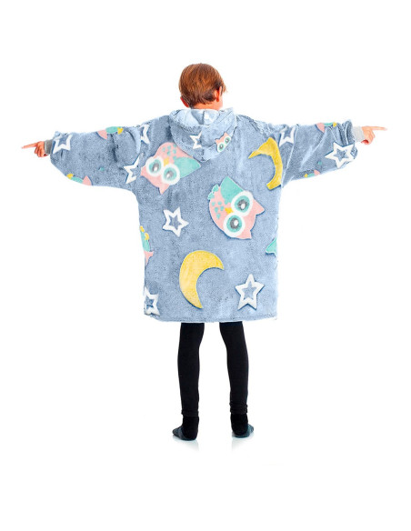 Cape polaire grise pour enfant avec capuche et manches avec hiboux fluo