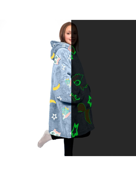 Cape polaire grise pour enfant avec capuche et manches avec hiboux fluo