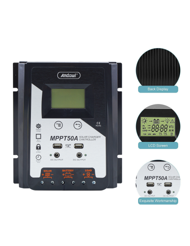 Régulateur charge solaire MPPT50A 12-24-48V Contrôleur batterie 2x affichage USB