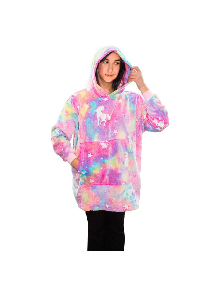 Cape polaire enfant multicolore avec capuche et manches licorne fluo