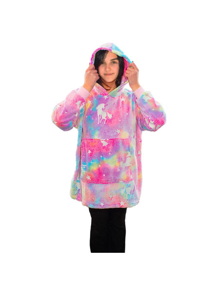 Cape polaire enfant multicolore avec capuche et manches licorne fluo