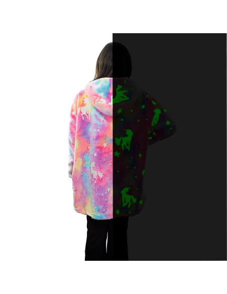 Cape polaire enfant multicolore avec capuche et manches licorne fluo
