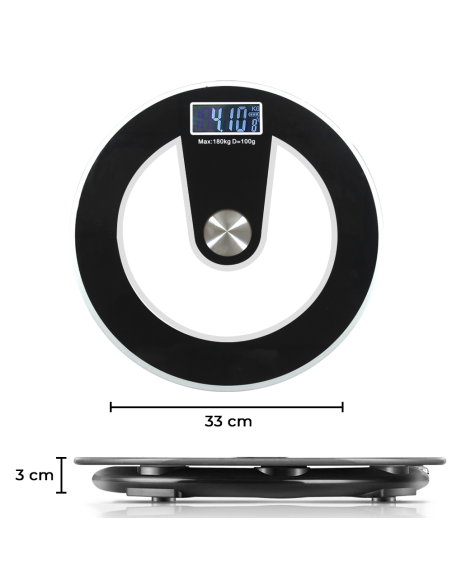 Pèse-personne électronique digital en verre trempé 180Kg rond Noir