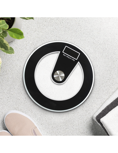 Pèse-personne électronique digital en verre trempé 180Kg rond Noir