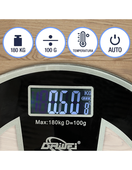 Pèse-personne électronique digital en verre trempé 180Kg rond Noir