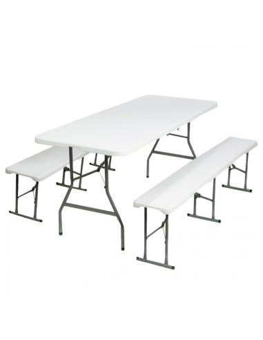 Set de table 2 bancs pliants en plastique blanc pour jardin, camping, bar