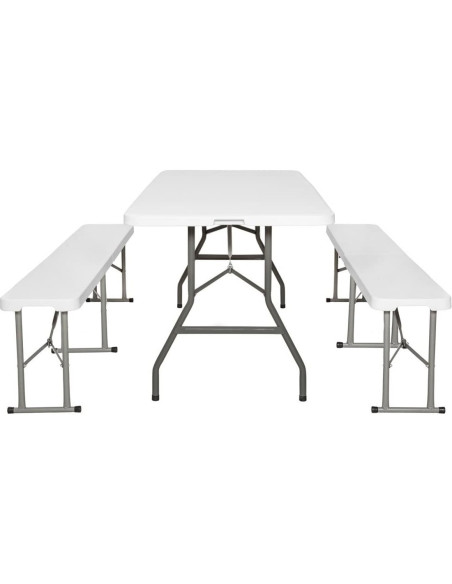 Set de table 2 bancs pliants en plastique blanc pour jardin, camping, bar