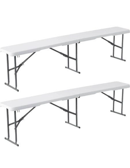 Set de table 2 bancs pliants en plastique blanc pour jardin, camping, bar