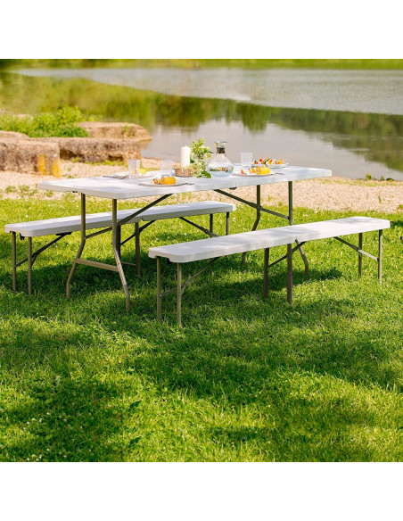Set de table 2 bancs pliants en plastique blanc pour jardin, camping, bar