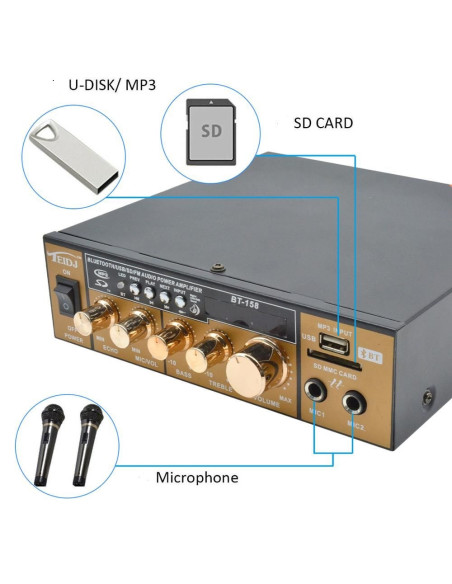 Karaoké Bluetooth Stéréo HiFi Amplificateur MP3 Ecran LCD Entrée USB et SD