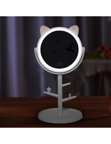 Miroir de maquillage cosmétique de table à LED avec porte-bijoux rechargeable