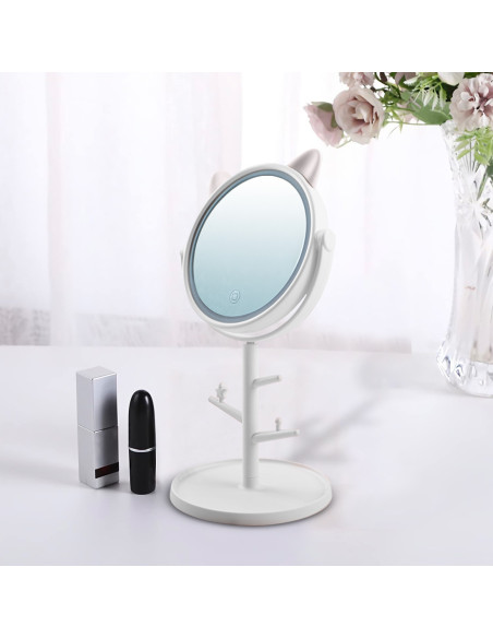 Miroir de maquillage cosmétique de table à LED avec porte-bijoux rechargeable