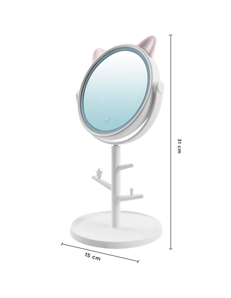 Miroir de maquillage cosmétique de table à LED avec porte-bijoux rechargeable