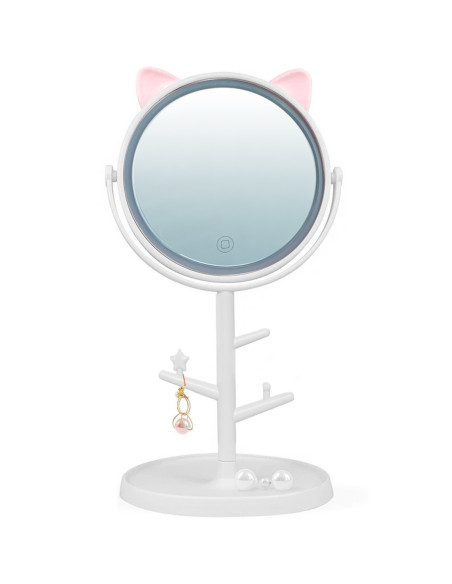 Miroir de maquillage cosmétique de table à LED avec porte-bijoux rechargeable