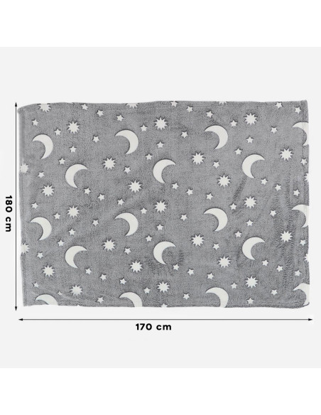 Couverture polaire magique enfant Etoiles Fluorescent Lune Gris Polaire 170x180