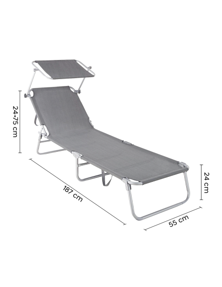 Lit en Textilene 2810143 Dossier réglable GRIS Tube 18 mm avec Parasol