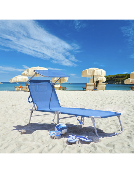 Lit en Textilene 2810142 Dossier réglable BLEU Tube 18 mm avec Parasol