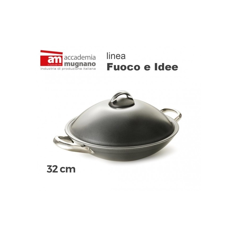 Wok avec couvercle 32 cm - Académie d'aluminium pur Mugnano Ligne FUOCO & IDEE -