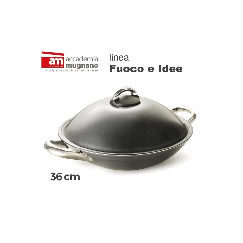 Wok avec couvercle 36 cm - Académie d'aluminium pur Mugnano Ligne FUOCO & IDEE