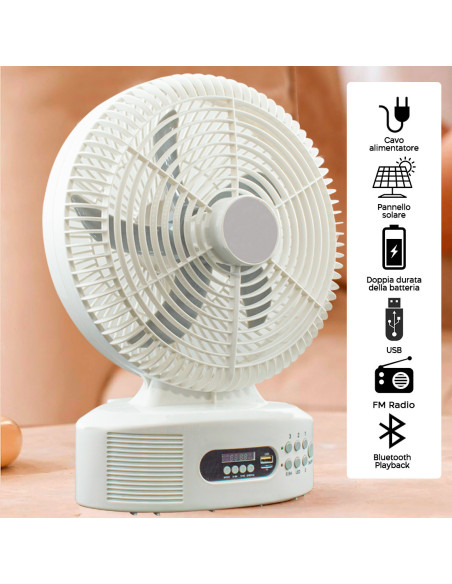 Ventilateur de table solaire rechargeable avec Bluetooth LED et radio FM
