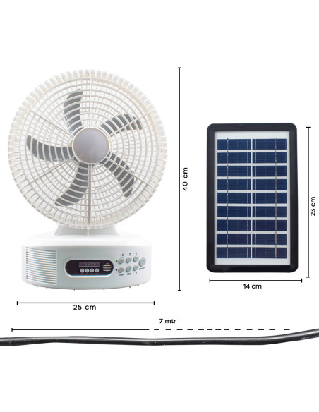 Ventilateur de table solaire rechargeable avec Bluetooth LED et radio FM