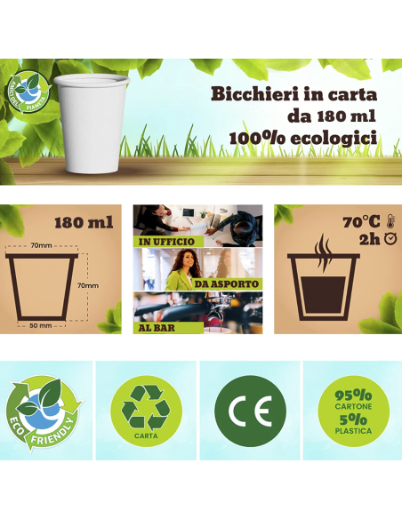 Pack de 1000 Gobelets en Carton Jetables Biodégradables et Compostables 180 ml