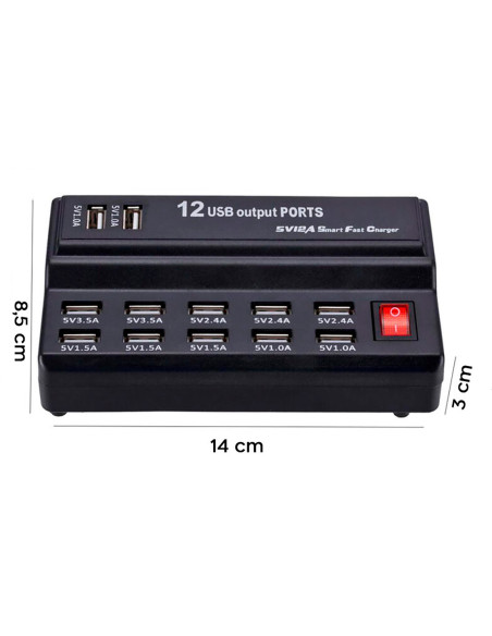 Station de charge 12 ports USB 60W Q-CD10P Charge simultanée avec interrupteur