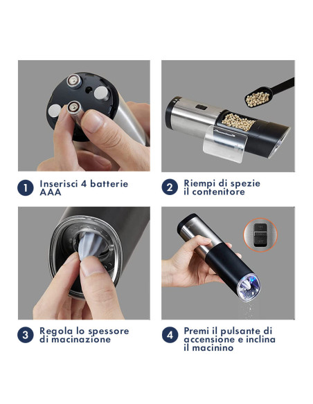 Moulin à sel et à poivre électrique alimenté batterie en acier bouton réglable