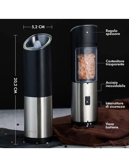 Moulin à sel et à poivre électrique alimenté batterie en acier bouton réglable