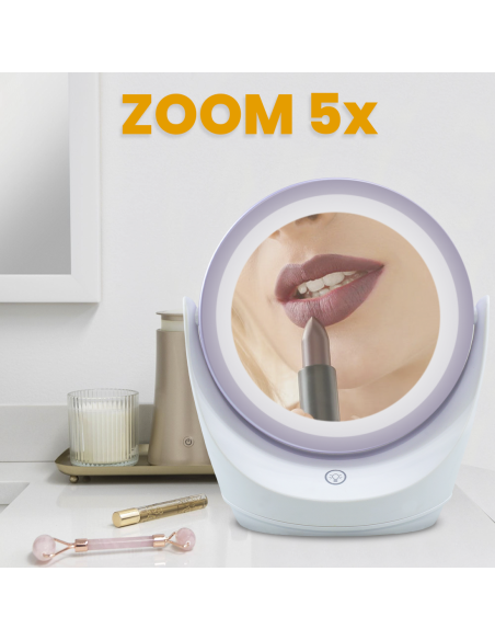 Miroir de table avec zoom 5x, lumière LED, miroir cosmétique rotatif à 360°