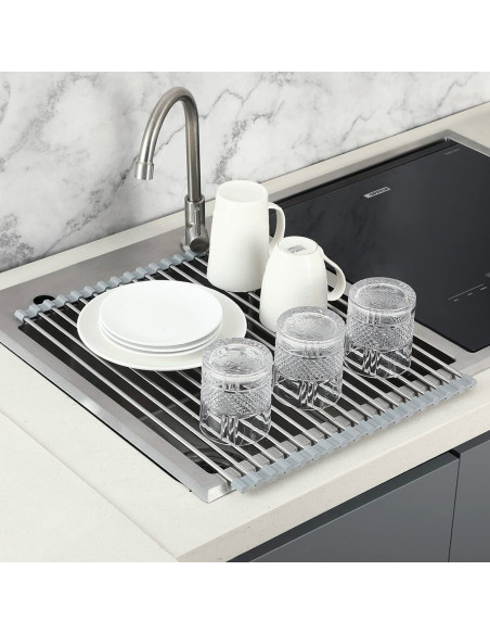 Égouttoir Pliable pour Évier Gain de Place en Acier Multifonction Gris 36x47.4cm
