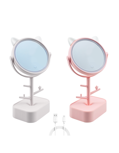 Miroir cosmétique lumière LED rechargeable pour table B0257 avec porte-bijoux